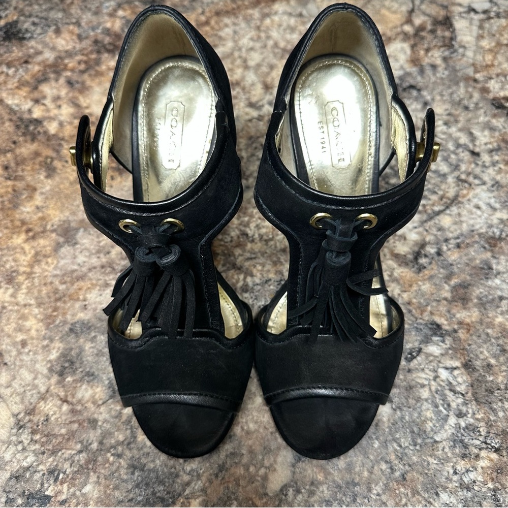 Coach kiss lock Peep Toe Elegant Black Tassel Heels - Picture 6 of 7